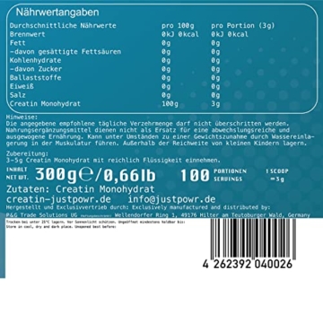 100% Creatin Monohydrat 300g, Laborgeprüftes hochdosiertes Kreatin Monohydrat | Ultrafeines Premium Pulver - Mesh 200| Kraftraining Supplements, pre Workout Booster - 6