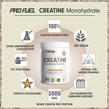 Creatin Monohydrat Pulver 1kg / 1000g reines Kreatin Monohydrat in mikronisierter Qualität - Creatine-Monohydrate optimal hochdosiert - Creatin-Pulver ohne Zusätze, 100% vegan, Vorrat für 292 Tage - 2
