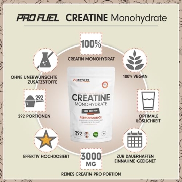 Creatin Pulver 1kg / 1000 g reines Creatin Monohydrat Pulver in mikronisierter Qualität - Kreatin Monohydrat optimal hochdosiert - Creatin-Pulver ohne Zusätze, 100% vegan, Vorrat für 292 Tage - 3