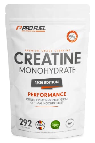 Creatin Pulver 1kg / 1000 g reines Creatin Monohydrat Pulver in mikronisierter Qualität - Kreatin Monohydrat optimal hochdosiert - Creatin-Pulver ohne Zusätze, 100% vegan, Vorrat für 292 Tage - 1
